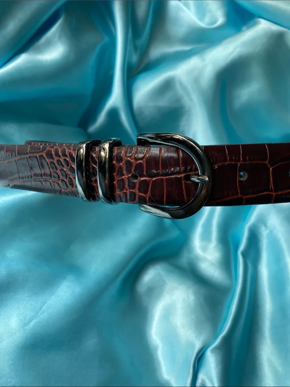 Via Spiga Brown Croc-Embossed Italian Leather Belt with Metal Buckle